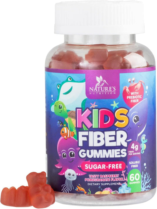 Plant-Based Fiber Gummies for Kids - Sugar-Free Prebiotic Blend for Digestive & Immune Health - Vegan Raspberry Bears - 60 Gummies