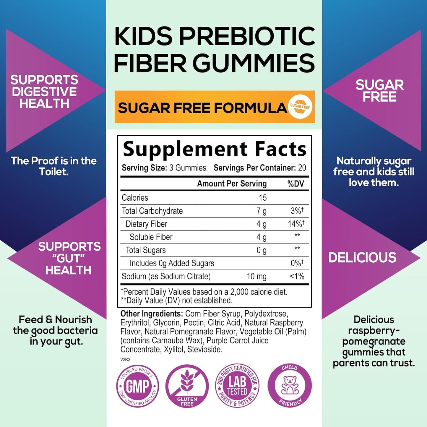 Plant-Based Fiber Gummies for Kids - Sugar-Free Prebiotic Blend for Digestive & Immune Health - Vegan Raspberry Bears - 60 Gummies