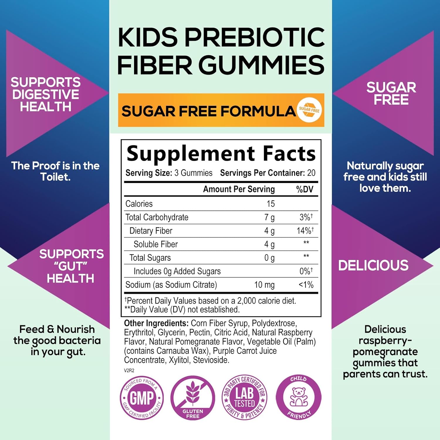 Plant-Based Fiber Gummies for Kids - Sugar-Free Prebiotic Blend for Digestive & Immune Health - Vegan Raspberry Bears - 60 Gummies