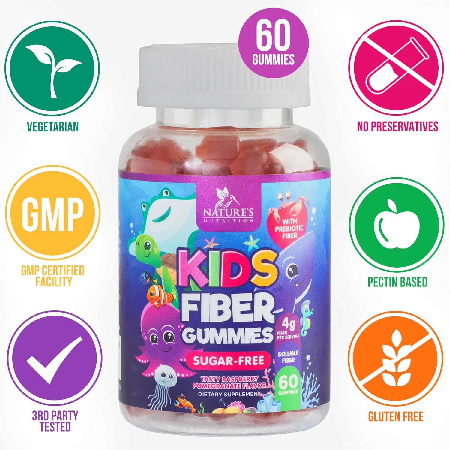 Plant-Based Fiber Gummies for Kids - Sugar-Free Prebiotic Blend for Digestive & Immune Health - Vegan Raspberry Bears - 60 Gummies