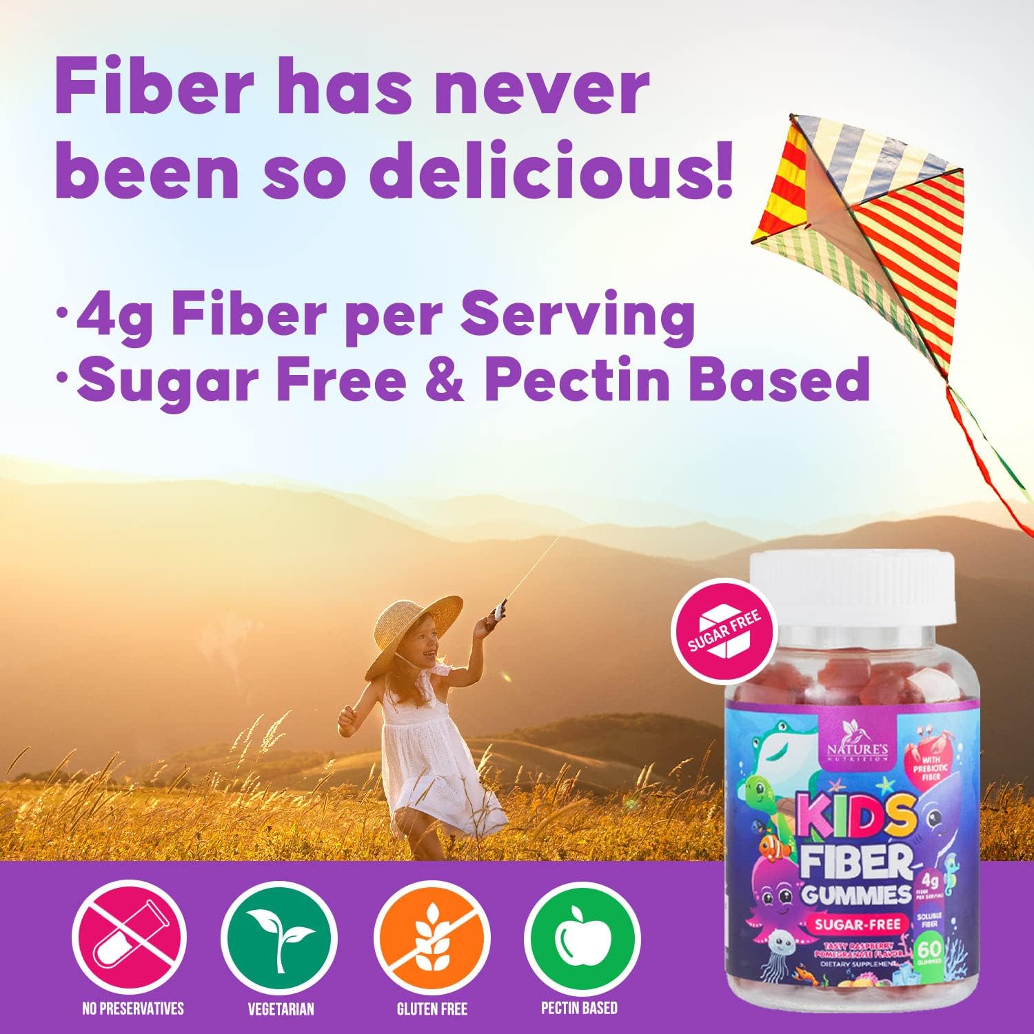 Plant-Based Fiber Gummies for Kids - Sugar-Free Prebiotic Blend for Digestive & Immune Health - Vegan Raspberry Bears - 60 Gummies
