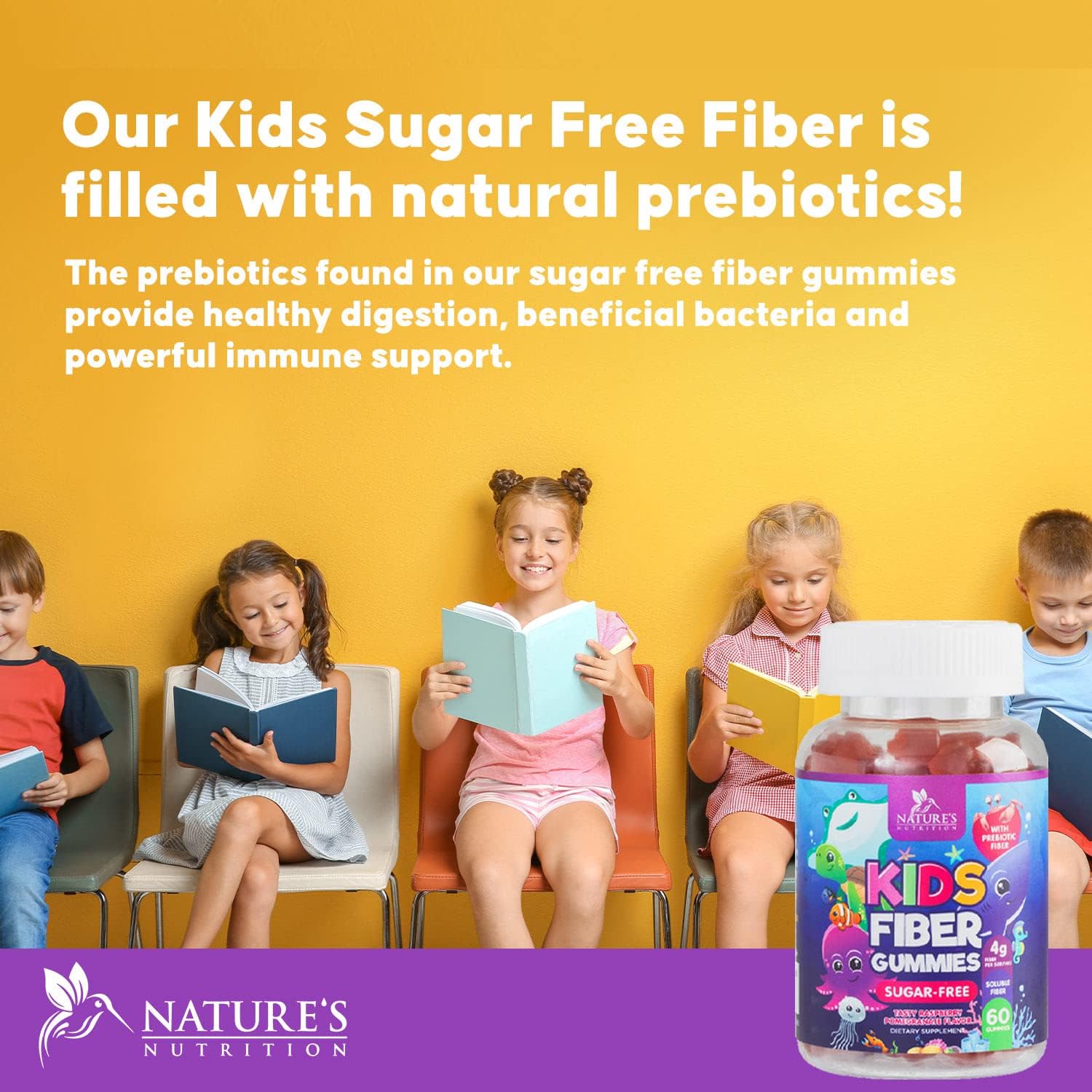 Plant-Based Fiber Gummies for Kids - Sugar-Free Prebiotic Blend for Digestive & Immune Health - Vegan Raspberry Bears - 60 Gummies
