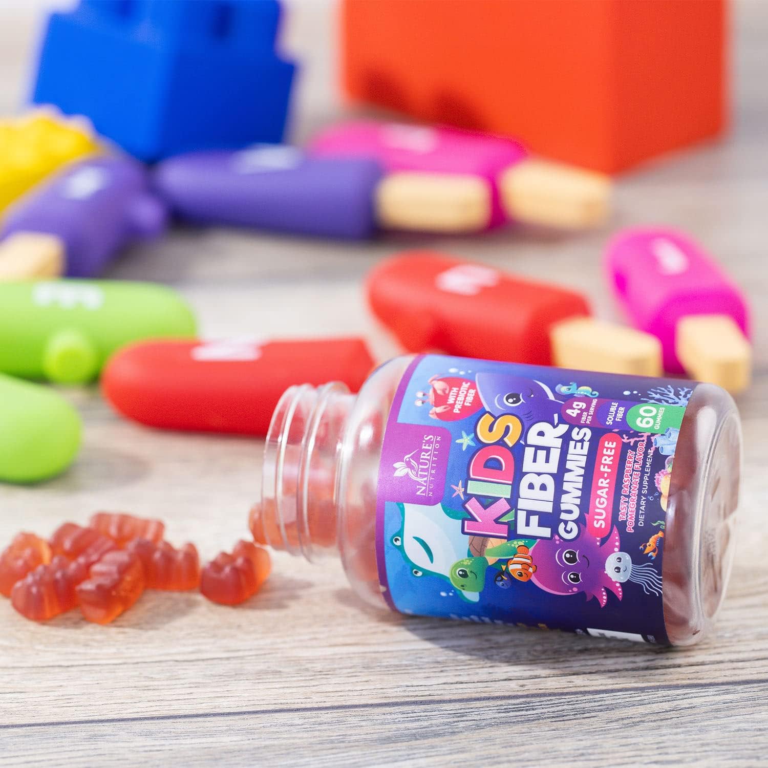 Plant-Based Fiber Gummies for Kids - Sugar-Free Prebiotic Blend for Digestive & Immune Health - Vegan Raspberry Bears - 60 Gummies