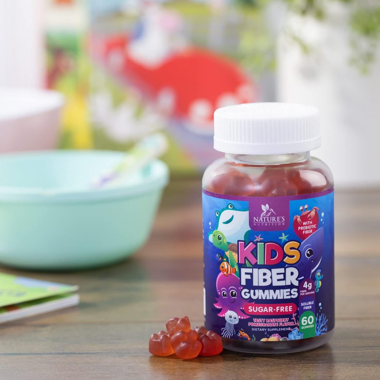 Plant-Based Fiber Gummies for Kids - Sugar-Free Prebiotic Blend for Digestive & Immune Health - Vegan Raspberry Bears - 60 Gummies
