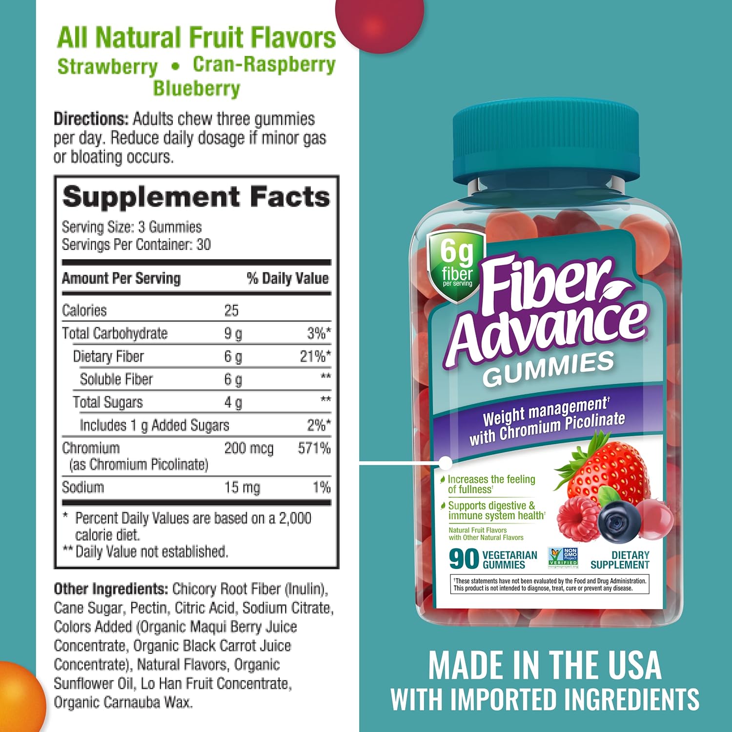 Plant Based Fiber Gummies for Weight Management and Gut Health with Chromium Picolinate (3-Pack)