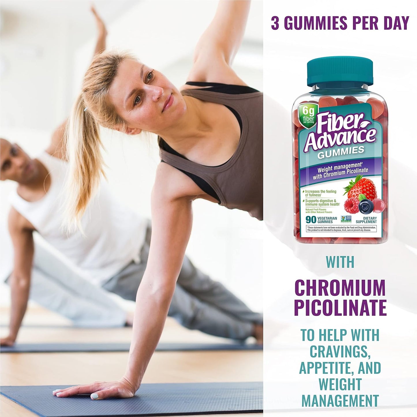 Plant Based Fiber Gummies for Weight Management and Gut Health with Chromium Picolinate (3-Pack)