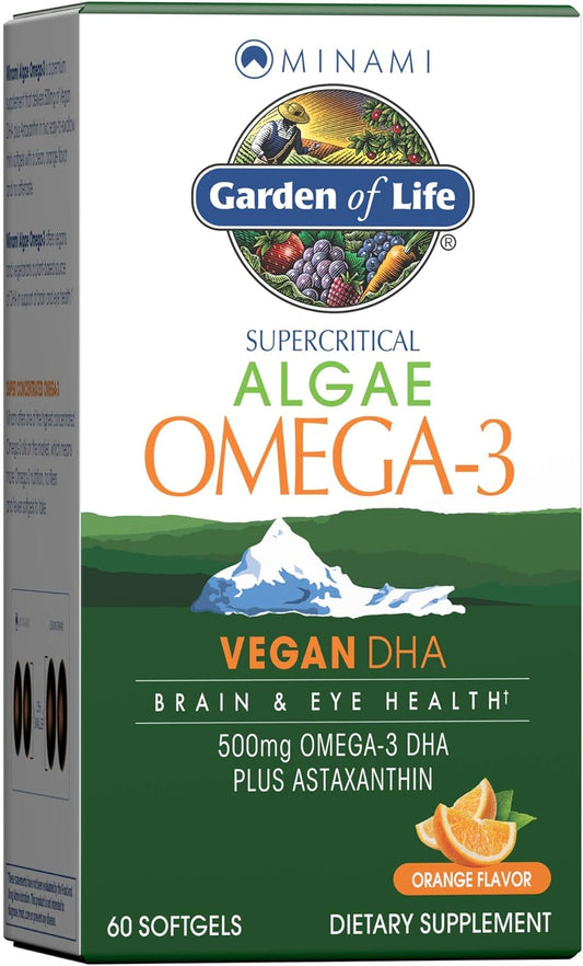 Plant-Based Garden of Life Minami Algae Omega 3 DHA Vegan Supplement with Astaxanthin, Orange Flavor, 500mg, 60 Mini Softgels