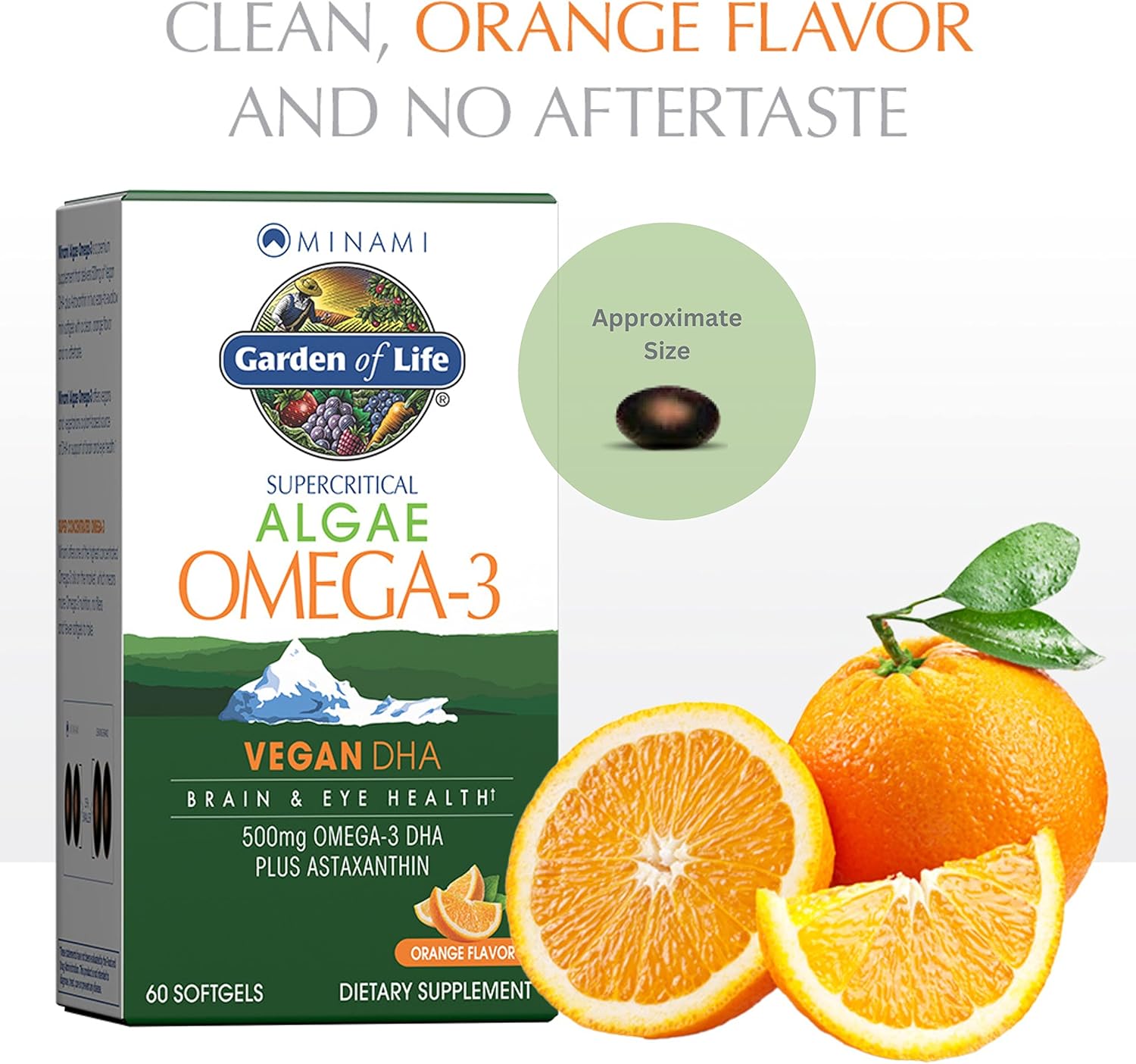 Plant-Based Garden of Life Minami Algae Omega 3 DHA Vegan Supplement with Astaxanthin, Orange Flavor, 500mg, 60 Mini Softgels