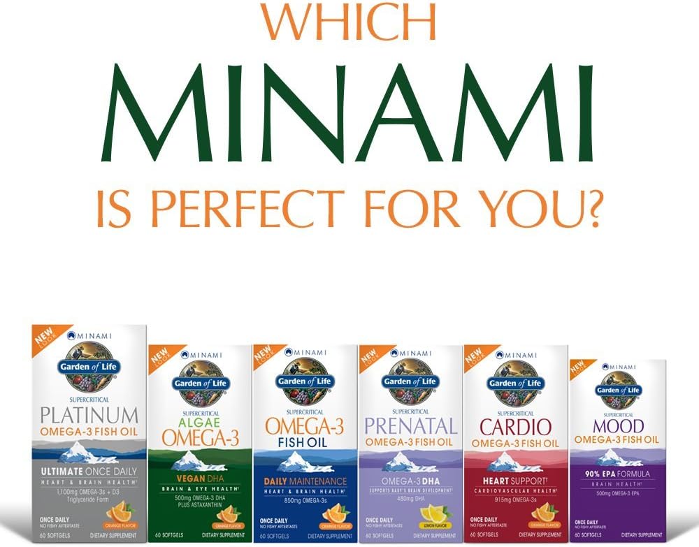 Plant-Based Garden of Life Minami Algae Omega 3 DHA Vegan Supplement with Astaxanthin, Orange Flavor, 500mg, 60 Mini Softgels