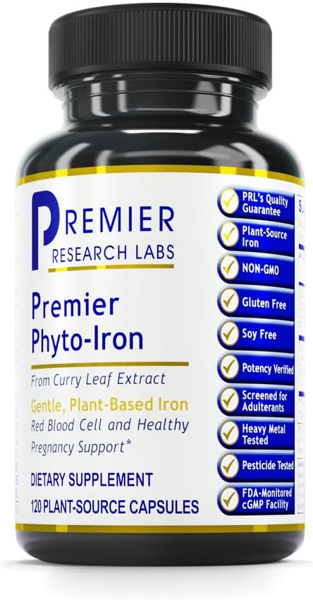 Plant-Based Iron Supplement for Men & Women - Premier Research Labs Phyto-Iron with Curry Leaves, Non-Heme Iron, 18mg Per Serving - 120 Vegetarian Capsules for Blood Support