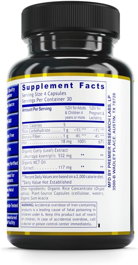 Plant-Based Iron Supplement for Men & Women - Premier Research Labs Phyto-Iron with Curry Leaves, Non-Heme Iron, 18mg Per Serving - 120 Vegetarian Capsules for Blood Support