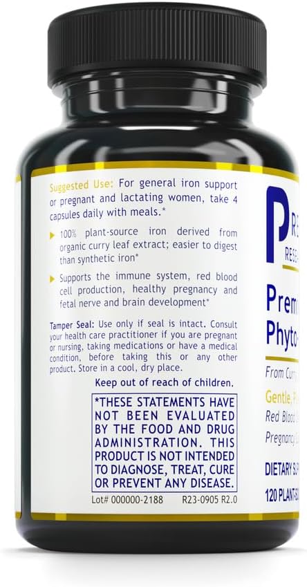 Plant-Based Iron Supplement for Men & Women - Premier Research Labs Phyto-Iron with Curry Leaves, Non-Heme Iron, 18mg Per Serving - 120 Vegetarian Capsules for Blood Support