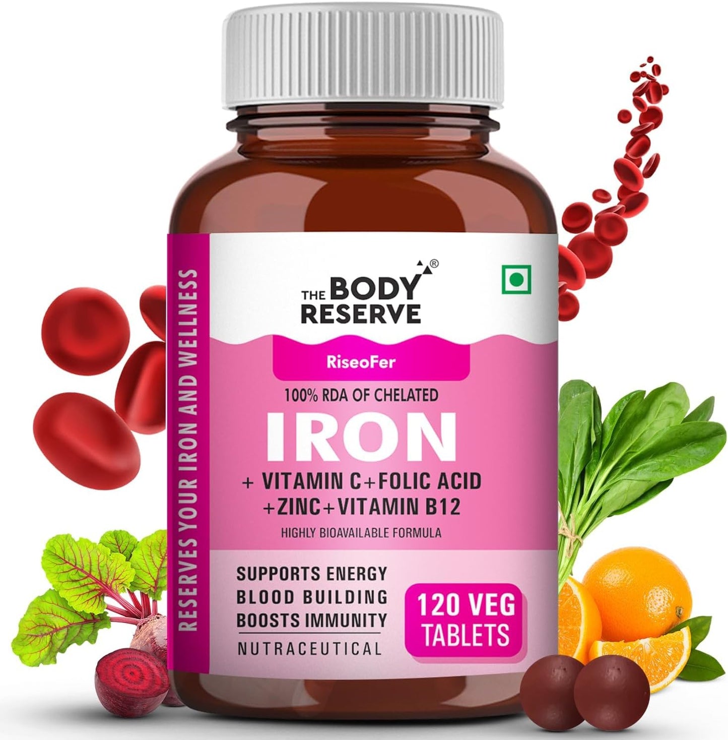 Plant-Based Iron Supplement for Women - High Absorption with Folic Acid, Vitamin C, B12, and Spinach & Beetroot Extract - Supports Blood Building, Energy, and Immunity - 120 Tablets