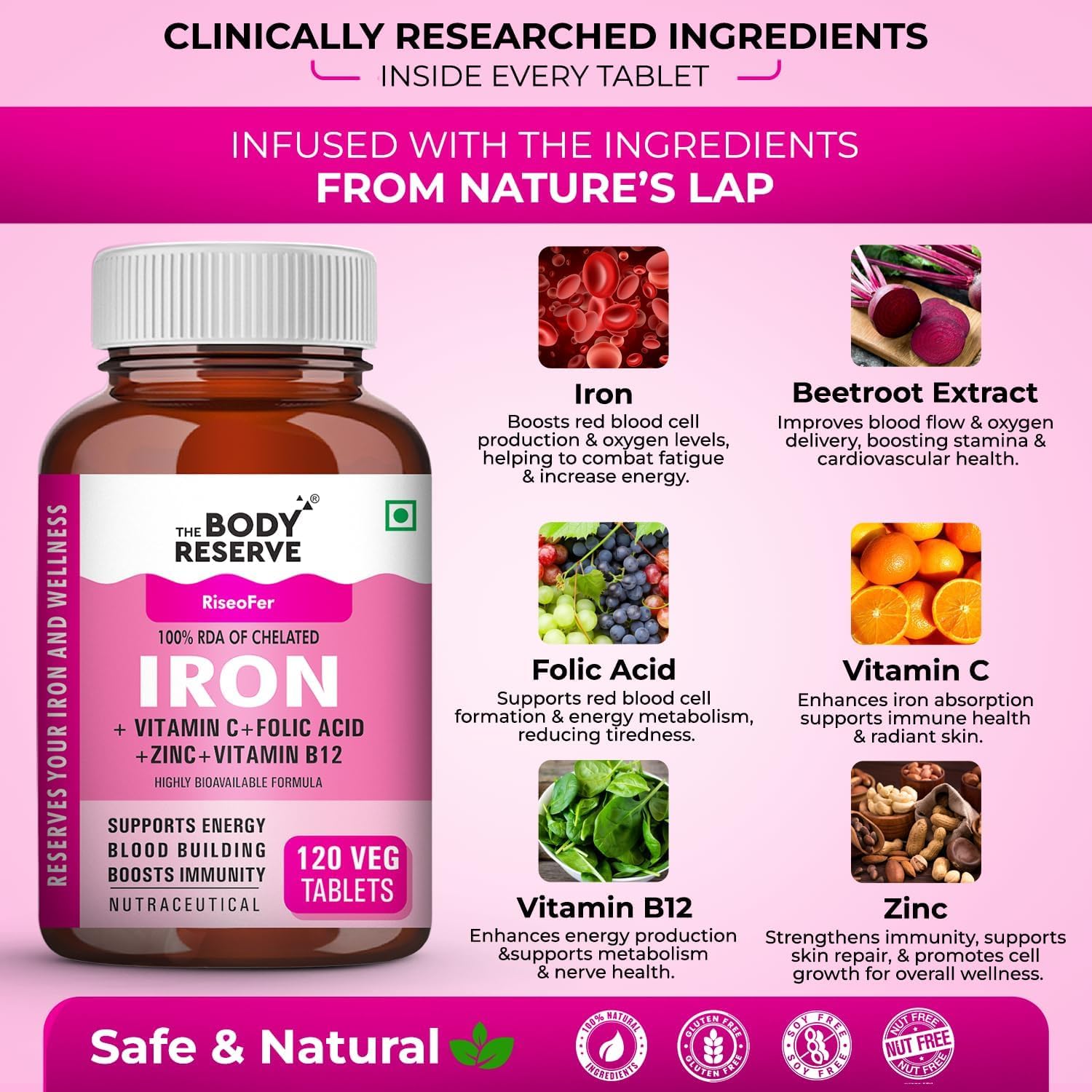 Plant-Based Iron Supplement for Women - High Absorption with Folic Acid, Vitamin C, B12, and Spinach & Beetroot Extract - Supports Blood Building, Energy, and Immunity - 120 Tablets