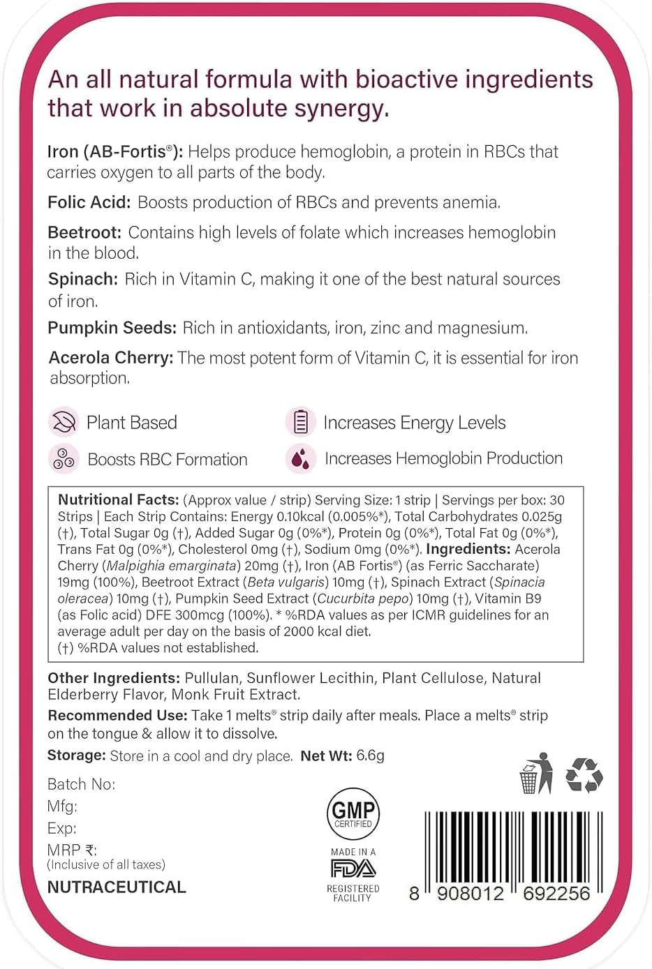 Plant-Based Iron Supplement with Beetroot, Vitamin C & Folate - 30 Oral Strips for Vital Well-Being & Nutrition