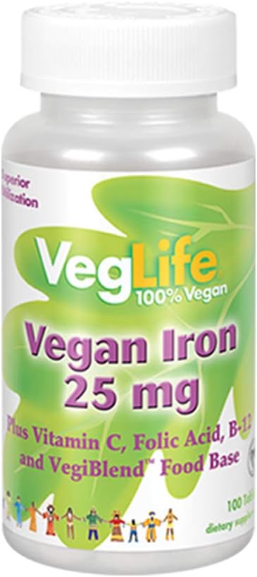 Plant Based Iron Supplement with Vitamin C, Folic Acid, B-12 | VegLife Vegan Iron 25 mg Tablets for Men & Women | 100 Count