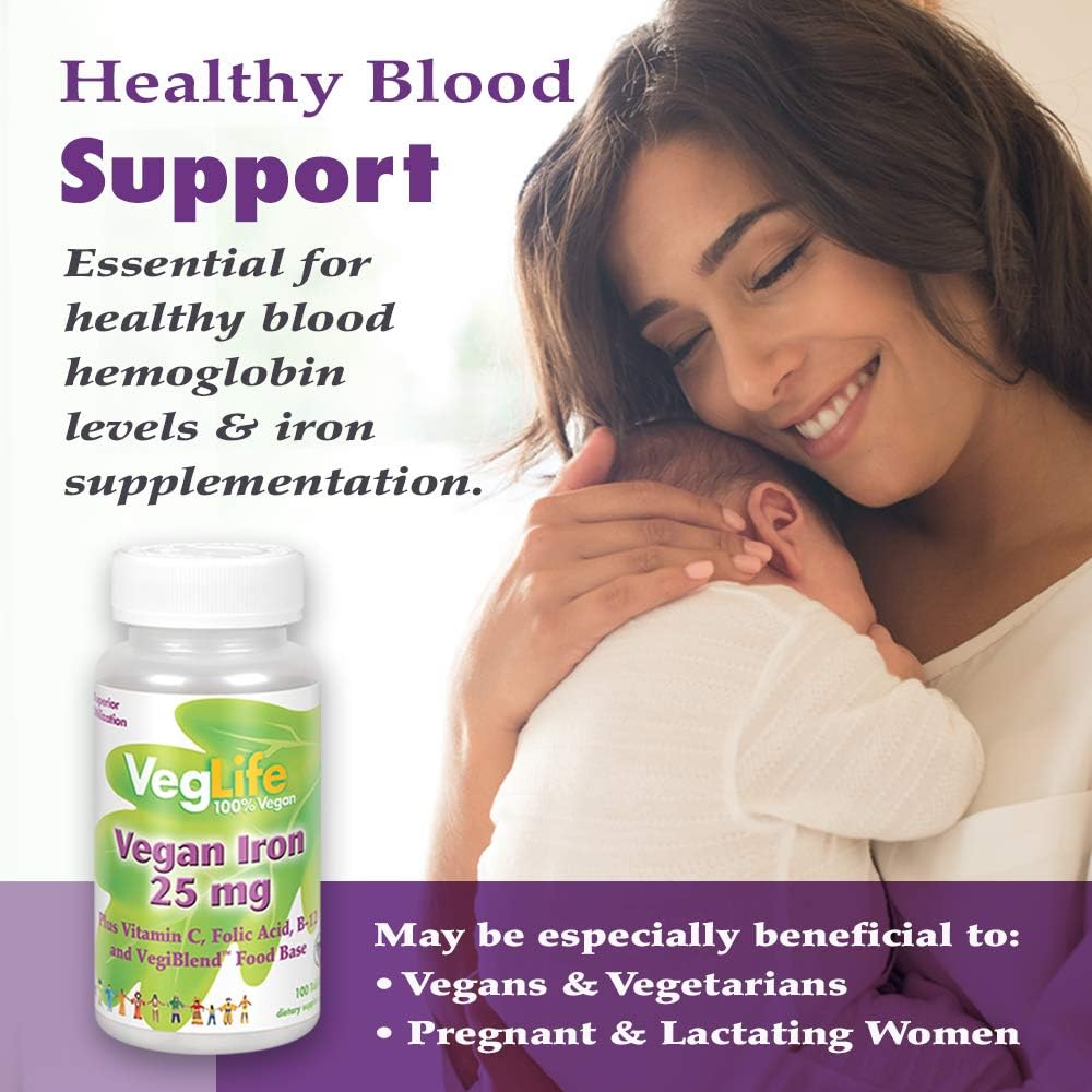 Plant Based Iron Supplement with Vitamin C, Folic Acid, B-12 | VegLife Vegan Iron 25 mg Tablets for Men & Women | 100 Count