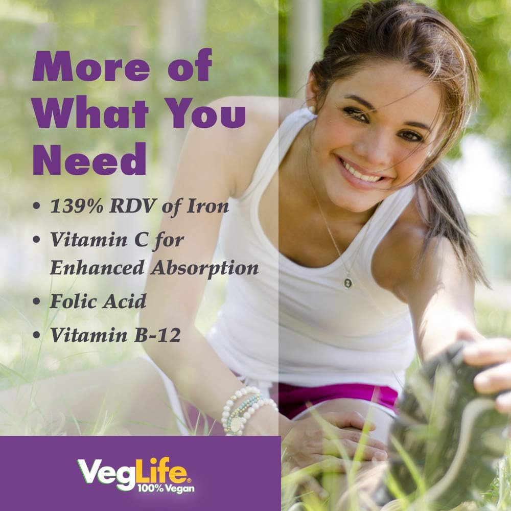 Plant Based Iron Supplement with Vitamin C, Folic Acid, B-12 | VegLife Vegan Iron 25 mg Tablets for Men & Women | 100 Count