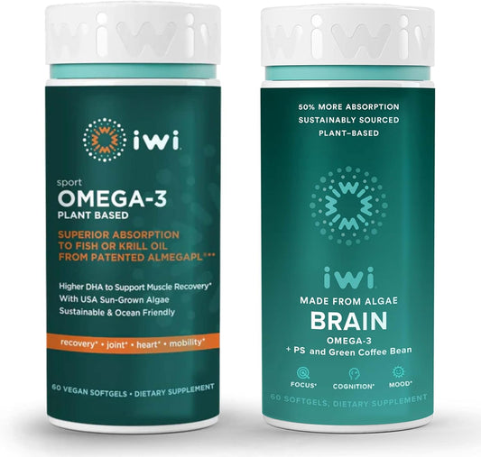 Plant-Based iwi Omega-3 Bundle: Sport & Brain Support, 30 Servings, Vegan Algae Omega-3 with EPA + DHA, Krill & Fish Oil Alternative, No Fishy Taste