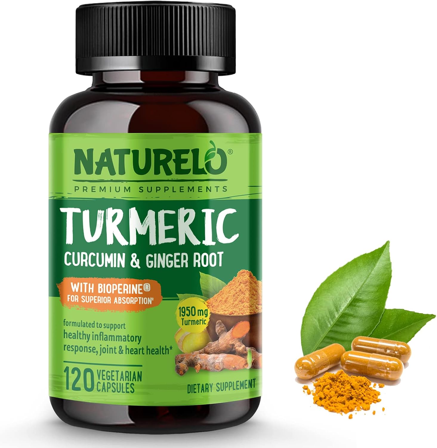 Plant-Based Joint Support with Turmeric Curcumin, BioPerine, and Ginger - 120 Vegan Capsules for Better Absorption of Curcuminoids