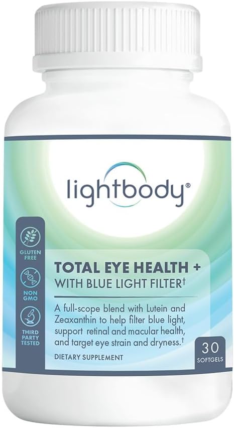 Plant-Based Lightbody Total Eye Health+ Softgels with Blue Light Filter - Lutein & Zeaxanthin Supplements for Retinal Health, Hydration, & Visual Function Boost