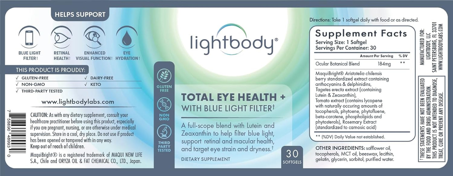 Plant-Based Lightbody Total Eye Health+ Softgels with Blue Light Filter - Lutein & Zeaxanthin Supplements for Retinal Health, Hydration, & Visual Function Boost