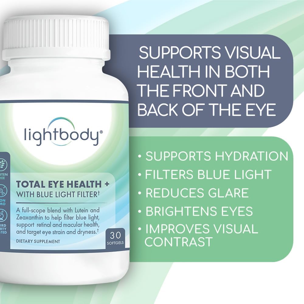 Plant-Based Lightbody Total Eye Health+ Softgels with Blue Light Filter - Lutein & Zeaxanthin Supplements for Retinal Health, Hydration, & Visual Function Boost