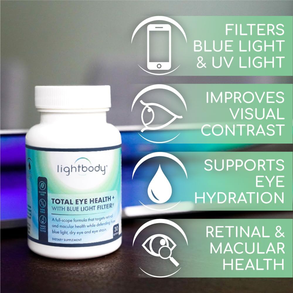 Plant-Based Lightbody Total Eye Health+ Softgels with Blue Light Filter - Lutein & Zeaxanthin Supplements for Retinal Health, Hydration, & Visual Function Boost