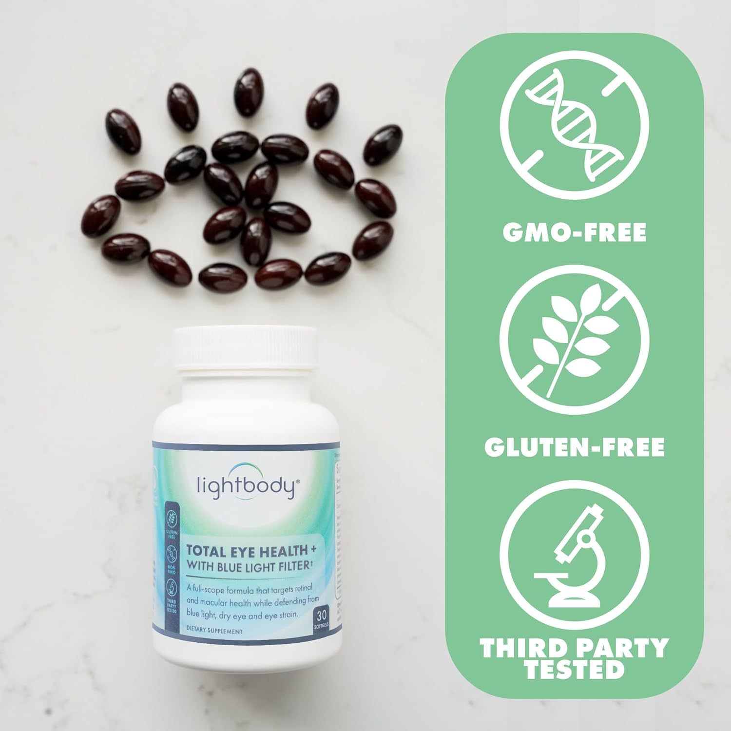 Plant-Based Lightbody Total Eye Health+ Softgels with Blue Light Filter - Lutein & Zeaxanthin Supplements for Retinal Health, Hydration, & Visual Function Boost