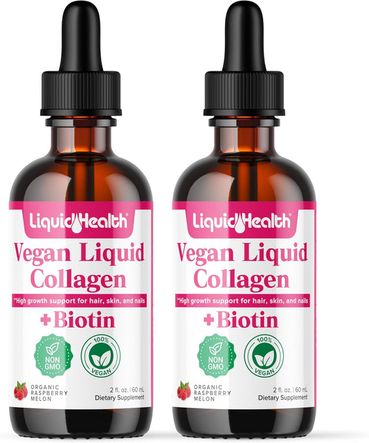 Plant-Based Liquid Collagen with Biotin for Hair, Skin, and Metabolism - Vegan Liquid Drops for Women and Men - Non-GMO, Sugar Free - 2 Pack