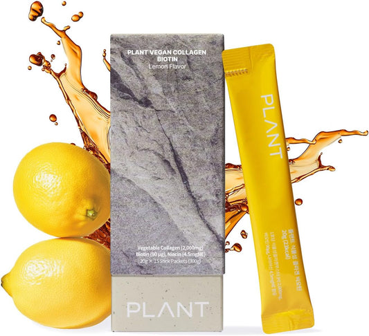 Plant-Based Liquid Collagen with Biotin for Hair, Skin, Nails - Lemon Flavor - 15 Servings - High Absorption - Halal & Kosher - Vegetarian Peptides