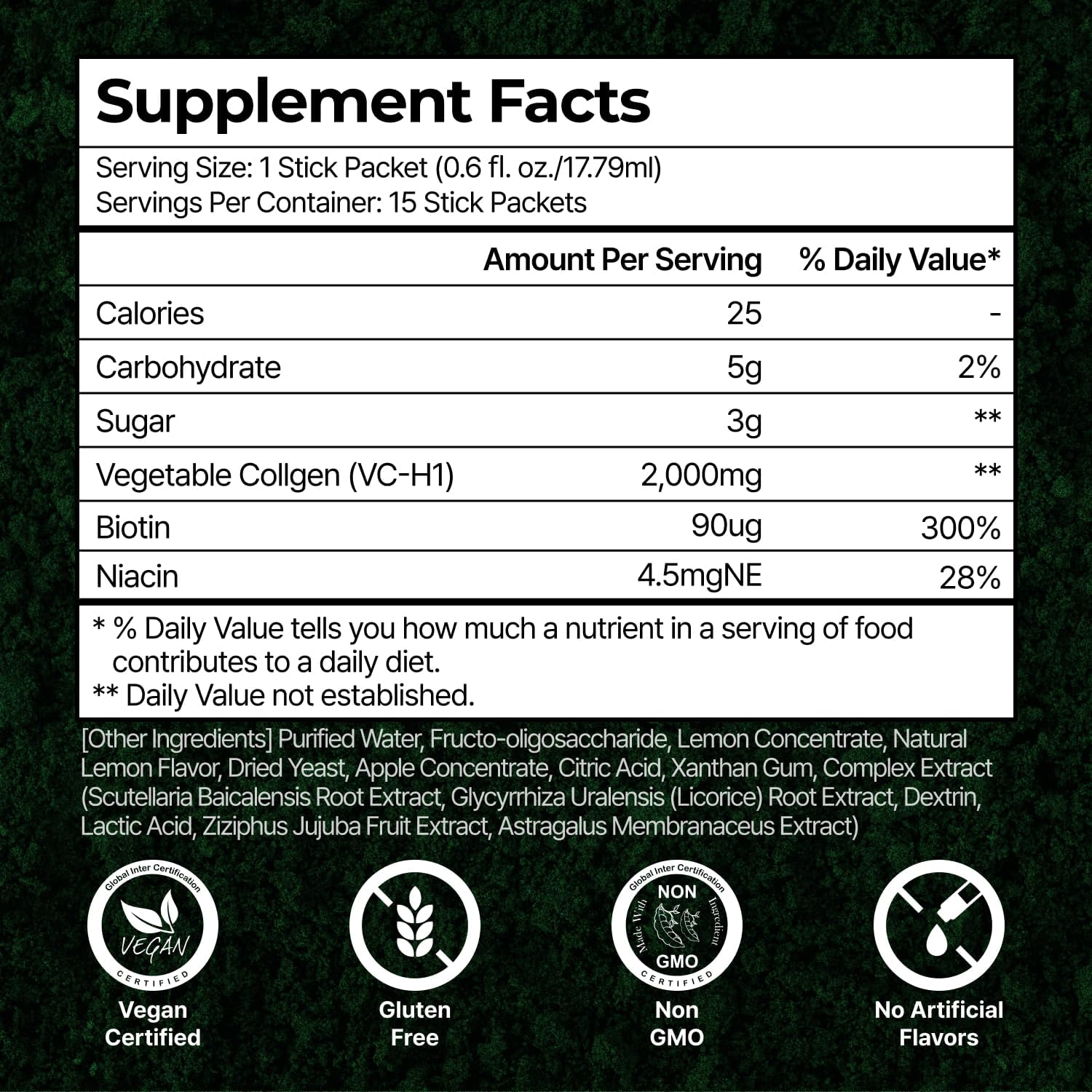 Plant-Based Liquid Collagen with Biotin for Hair, Skin, Nails - Lemon Flavor - 15 Servings - High Absorption - Halal & Kosher - Vegetarian Peptides