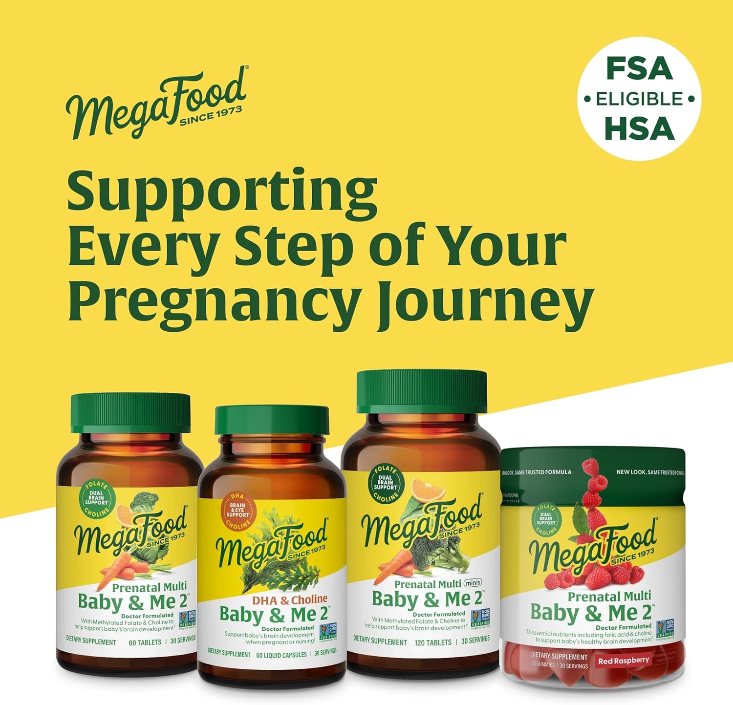 Plant-Based Liquid Prenatal DHA & Choline Capsules for Baby's Brain Development - MegaFood Baby & Me 2 - Vegan - 60 Capsules