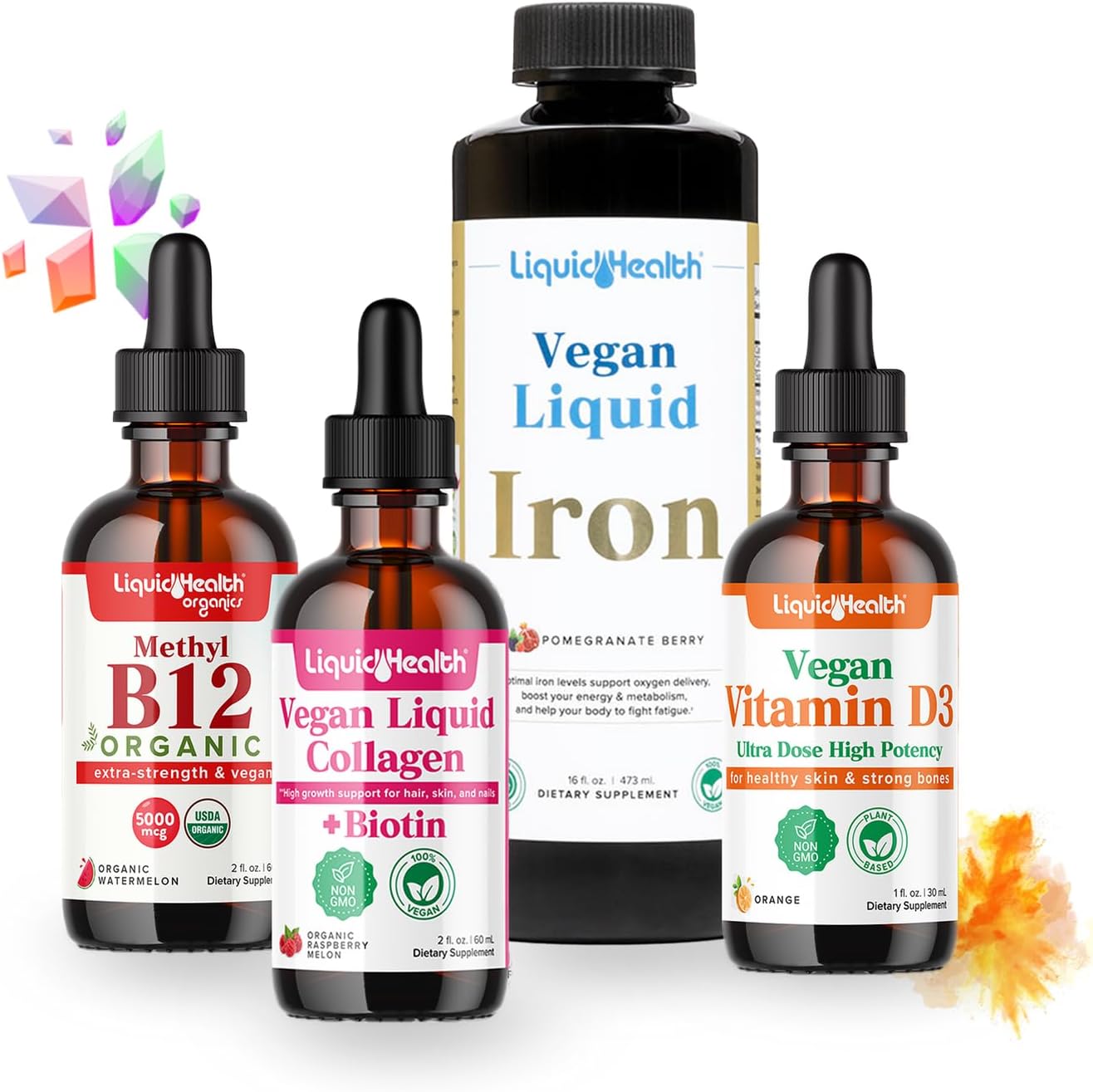 Plant-Based Liquid Vegan Vitamins Starter Kit with Organic B12, Collagen, Iron, D3 Drops - Daily Essentials for Health