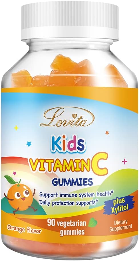 Plant-Based Lovita Vitamin C Gummies for Kids, Immune Support Formula with 150mg Vitamin C, Natural Orange Flavor, 90 Count