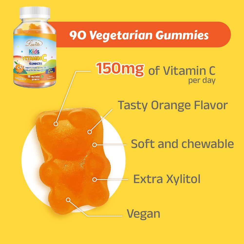 Plant-Based Lovita Vitamin C Gummies for Kids, Immune Support Formula with 150mg Vitamin C, Natural Orange Flavor, 90 Count