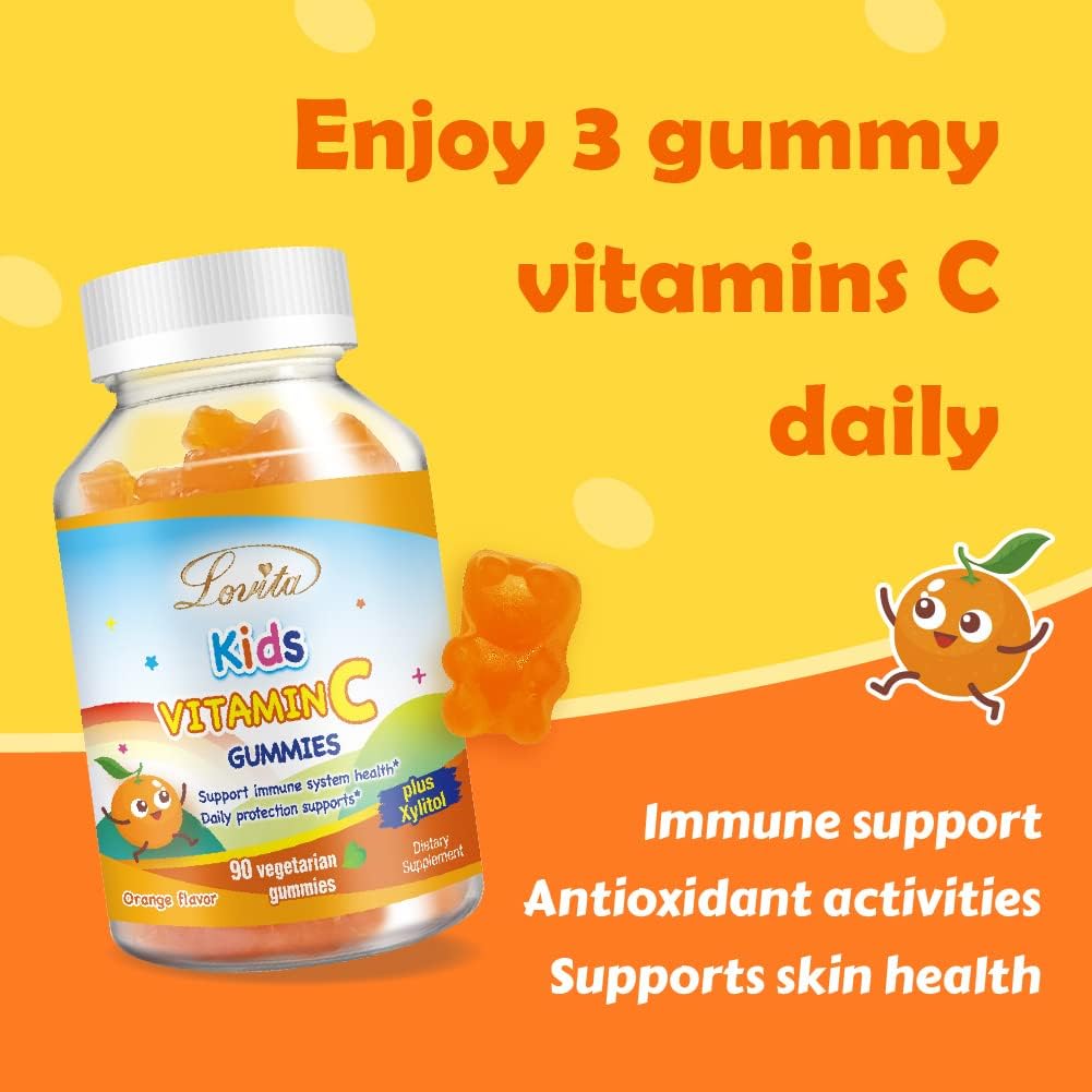 Plant-Based Lovita Vitamin C Gummies for Kids, Immune Support Formula with 150mg Vitamin C, Natural Orange Flavor, 90 Count