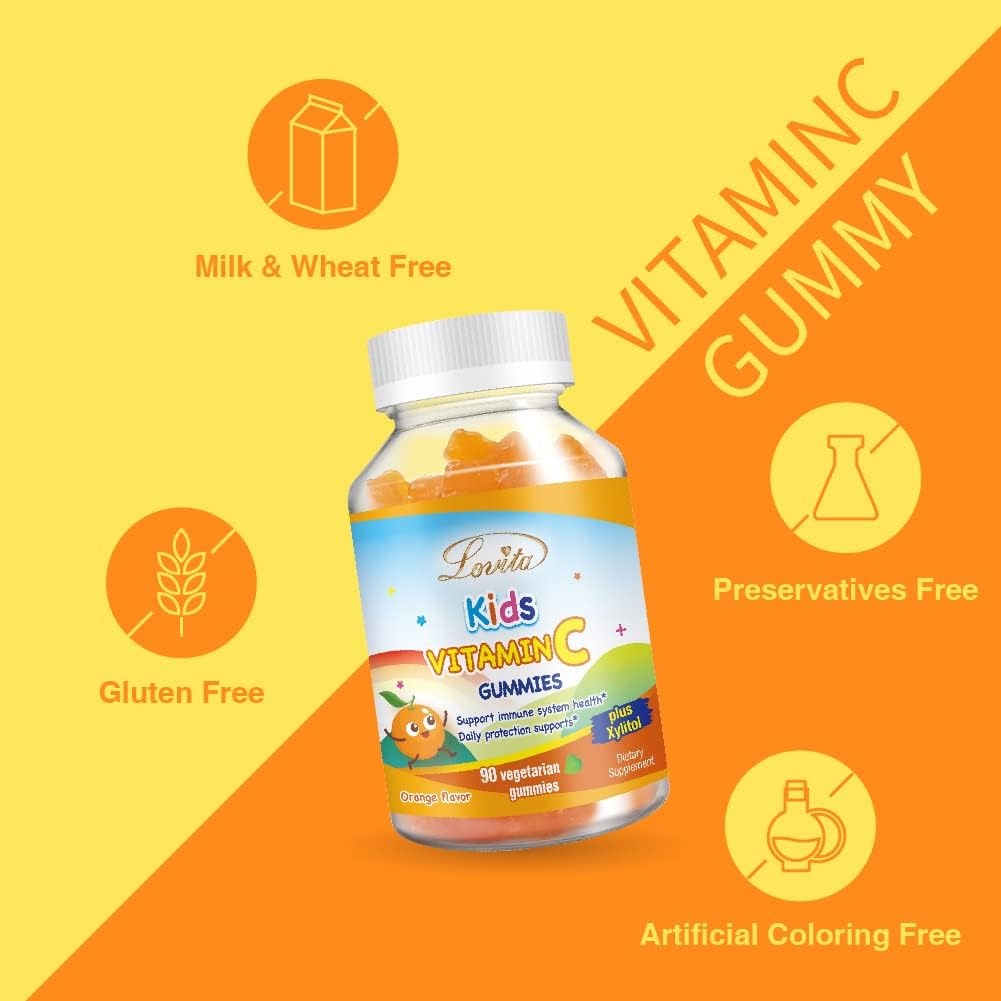 Plant-Based Lovita Vitamin C Gummies for Kids, Immune Support Formula with 150mg Vitamin C, Natural Orange Flavor, 90 Count