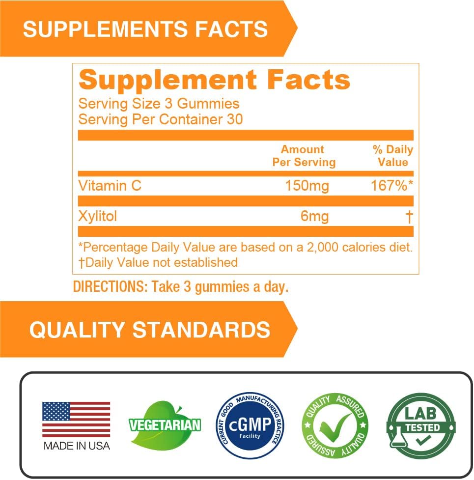 Plant-Based Lovita Vitamin C Gummies for Kids, Immune Support Formula with 150mg Vitamin C, Natural Orange Flavor, 90 Count