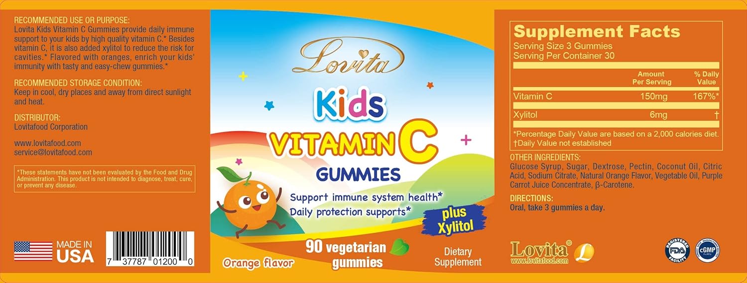 Plant-Based Lovita Vitamin C Gummies for Kids, Immune Support Formula with 150mg Vitamin C, Natural Orange Flavor, 90 Count