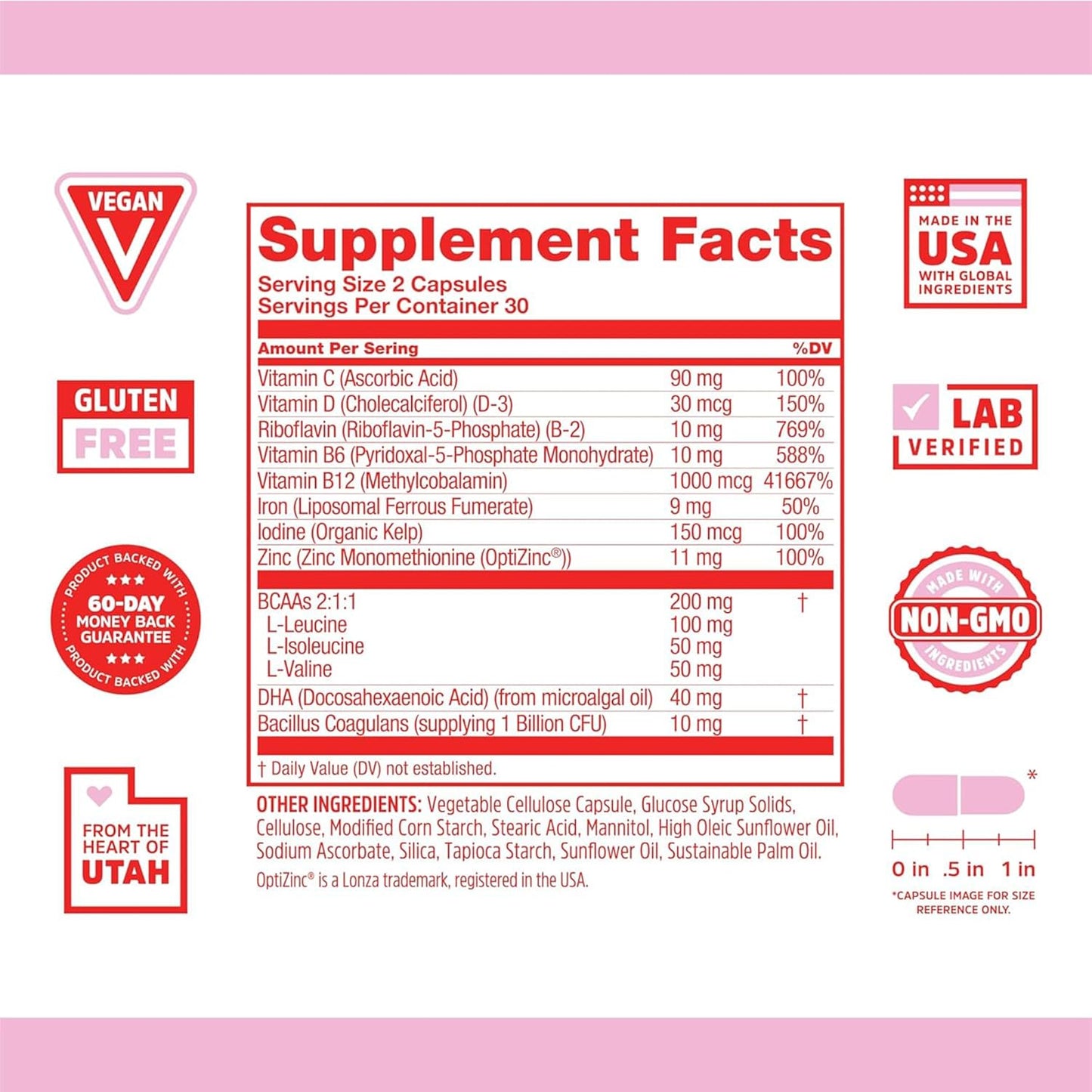 Plant-Based Multivitamin with B Vitamins, Vitamin C, Zinc, and Iron for Immune Support and Energy - 60 Vegan Capsules