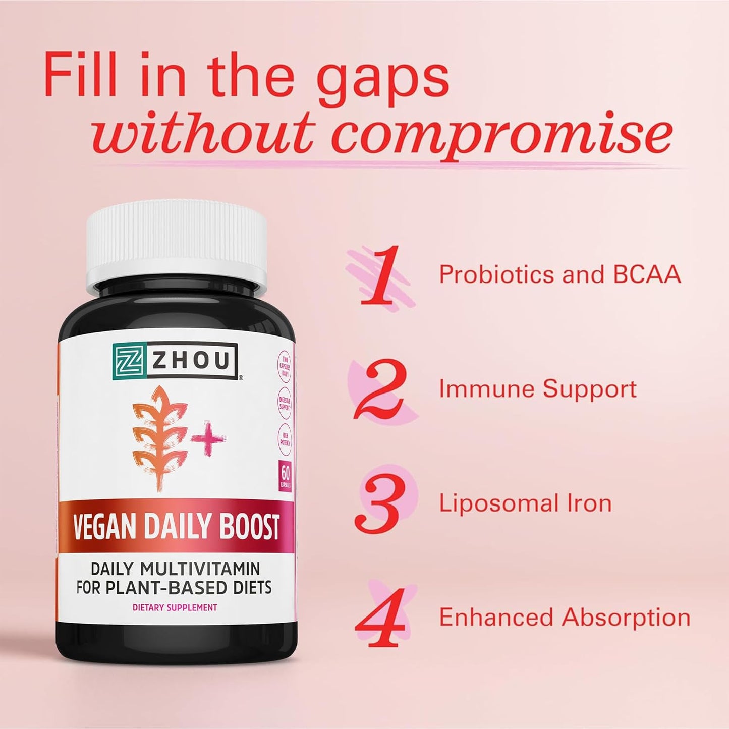 Plant-Based Multivitamin with B Vitamins, Vitamin C, Zinc, and Iron for Immune Support and Energy - 60 Vegan Capsules