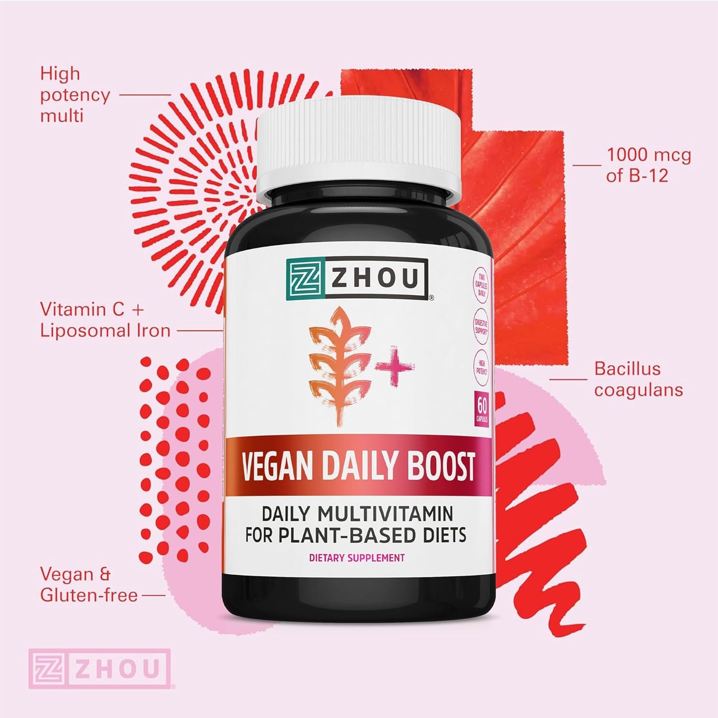 Plant-Based Multivitamin with B Vitamins, Vitamin C, Zinc, and Iron for Immune Support and Energy - 60 Vegan Capsules