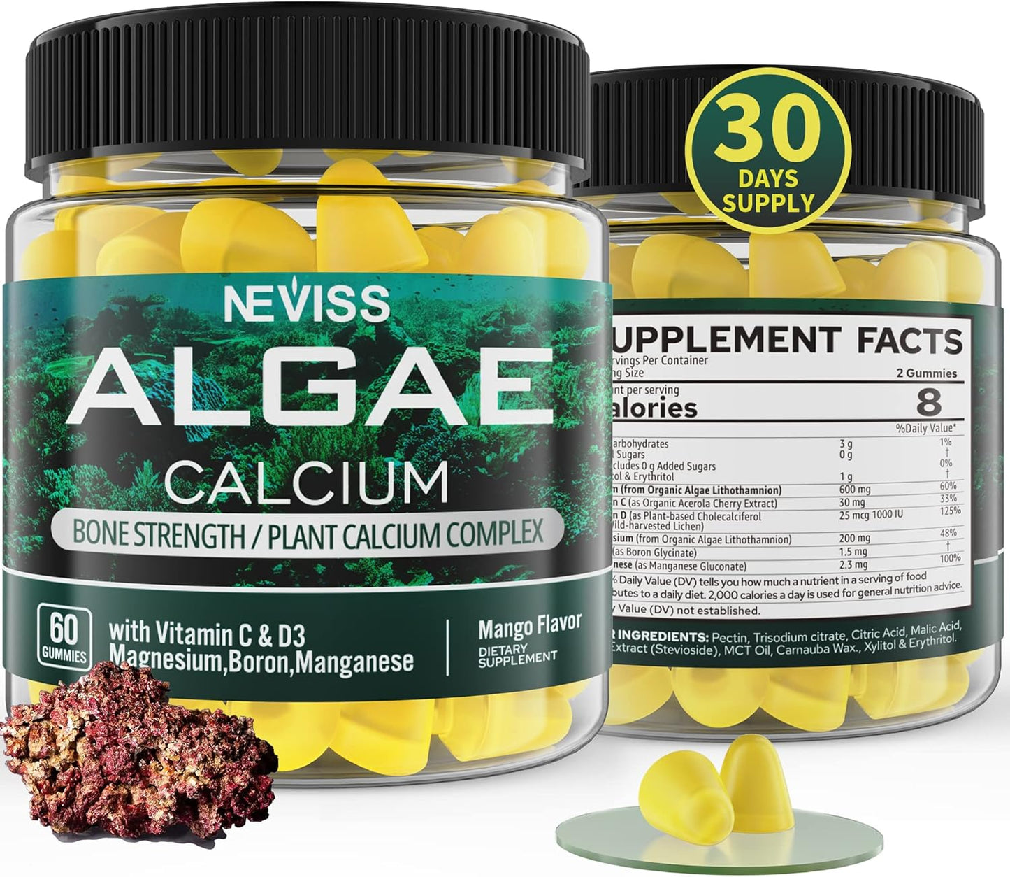 Plant-Based NEVISS Algae Calcium Gummies 600mg with Vitamins D3, C, Magnesium, Boron, Manganese - Bone Health & Strength Supplement - Sugar Free - Vegan - 60 Count