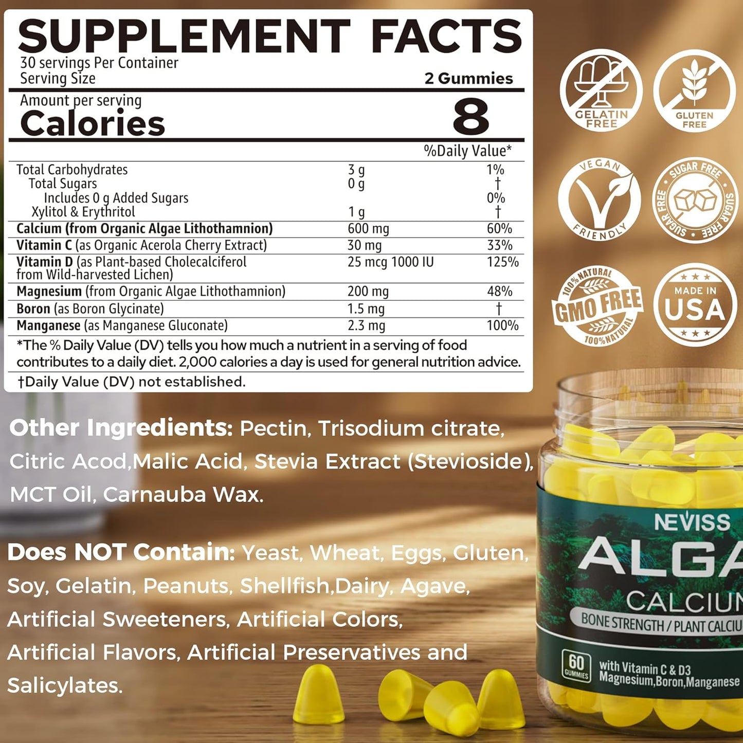 Plant-Based NEVISS Algae Calcium Gummies 600mg with Vitamins D3, C, Magnesium, Boron, Manganese - Bone Health & Strength Supplement - Sugar Free - Vegan - 60 Count