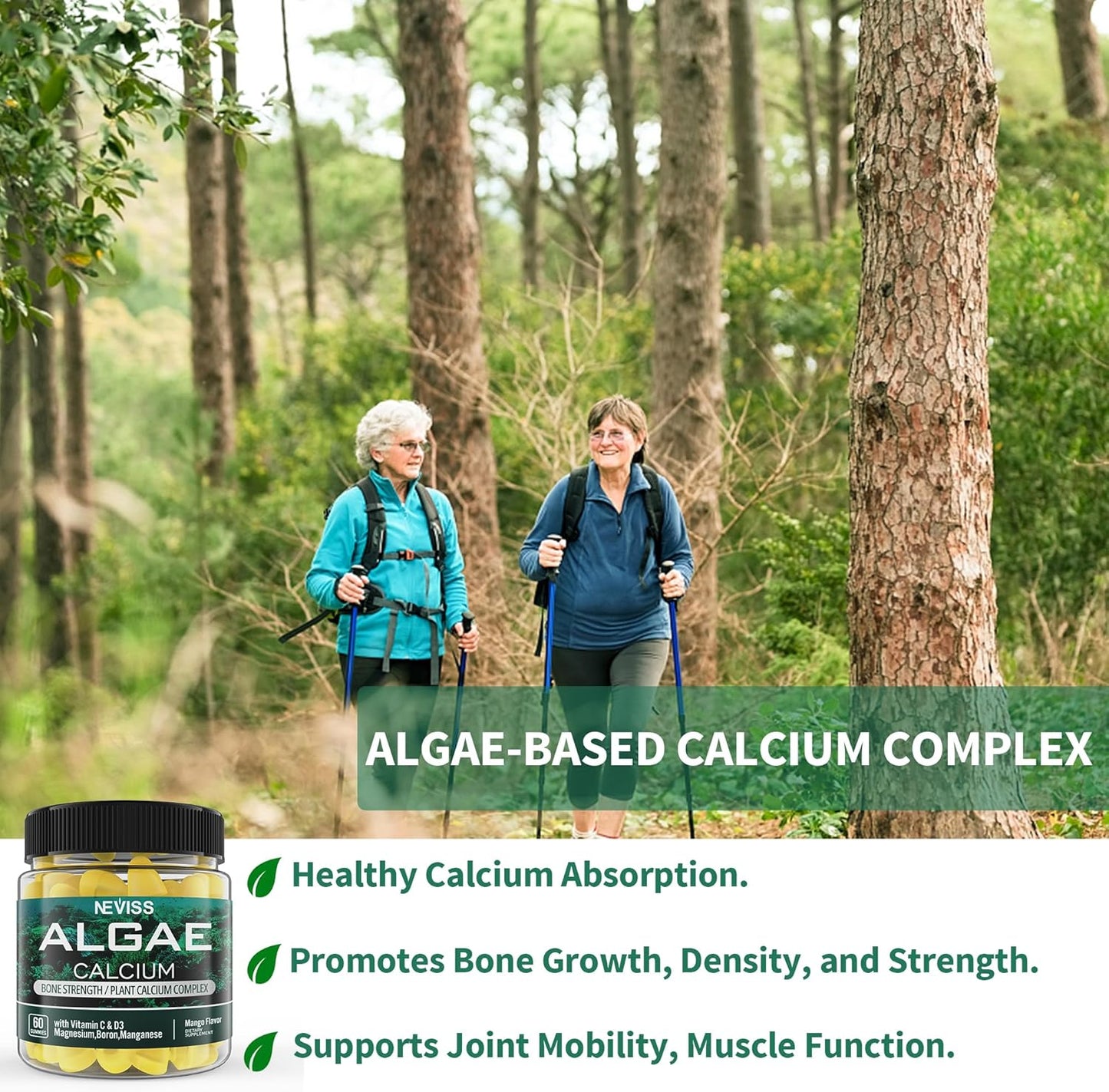 Plant-Based NEVISS Algae Calcium Gummies 600mg with Vitamins D3, C, Magnesium, Boron, Manganese - Bone Health & Strength Supplement - Sugar Free - Vegan - 60 Count