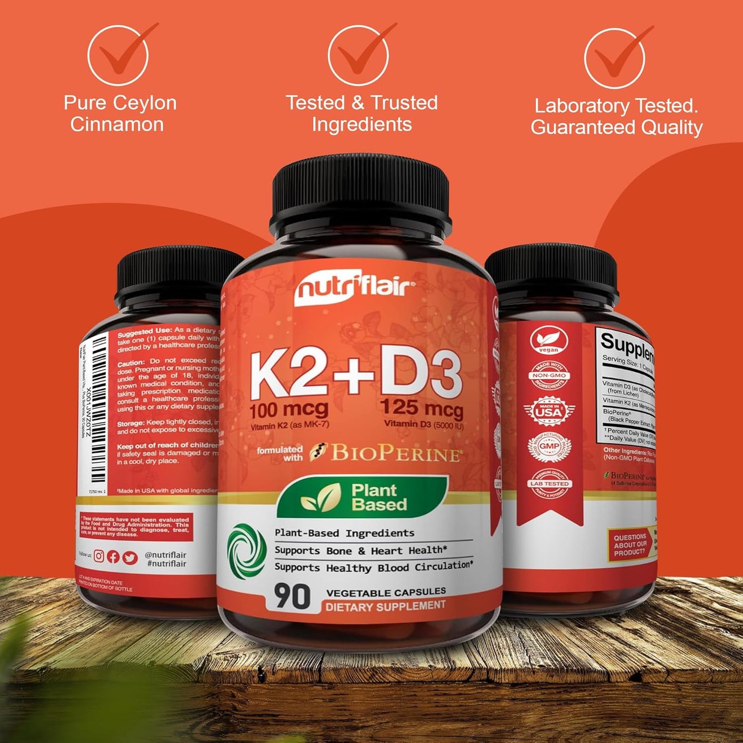 Plant-Based NutriFlair Vitamins D3 (5000iu/125mcg) + K2 (as Mk7) with BioPerine Black Pepper Extract - 90 Capsules for Immune & Heart Health