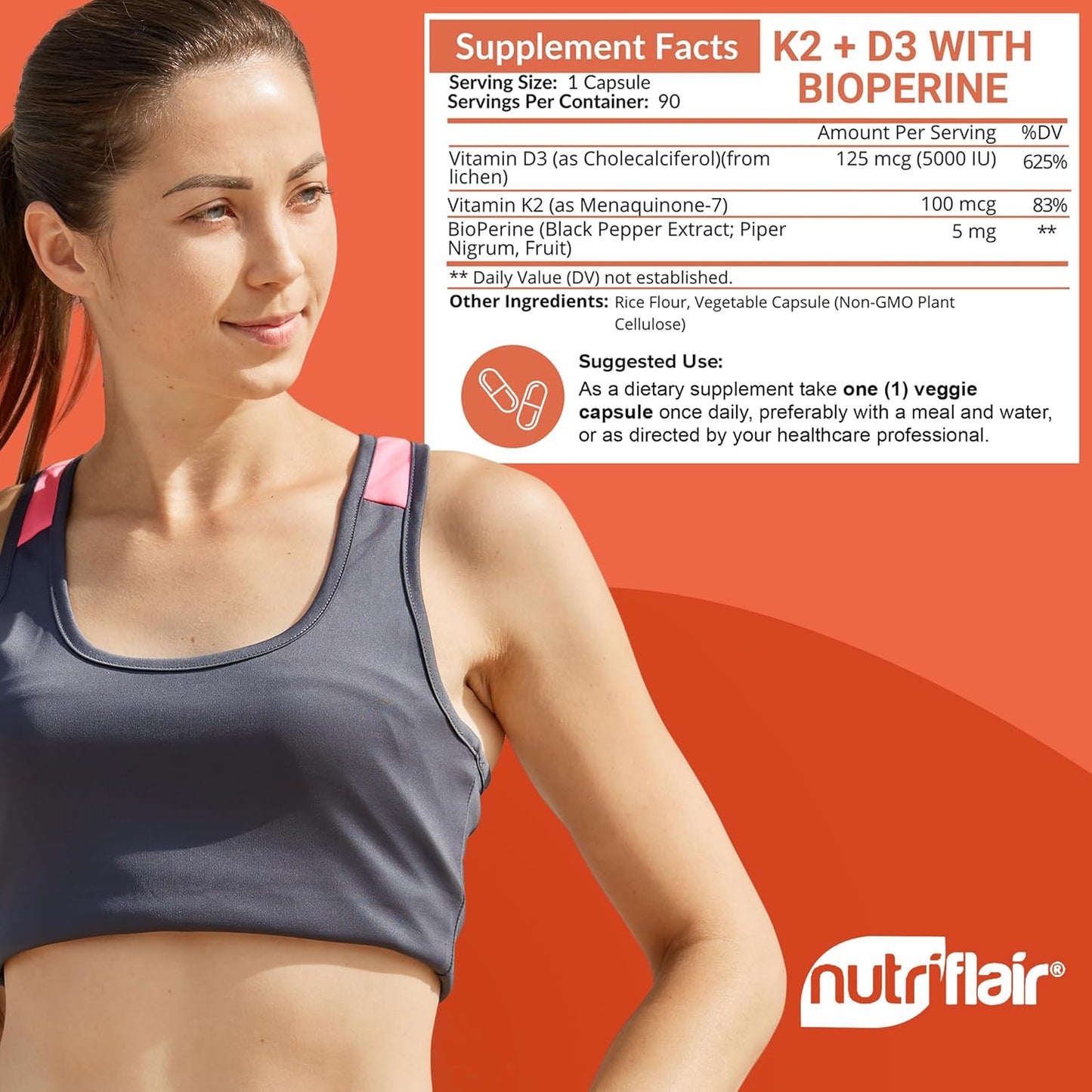 Plant-Based NutriFlair Vitamins D3 (5000iu/125mcg) + K2 (as Mk7) with BioPerine Black Pepper Extract - 90 Capsules for Immune & Heart Health