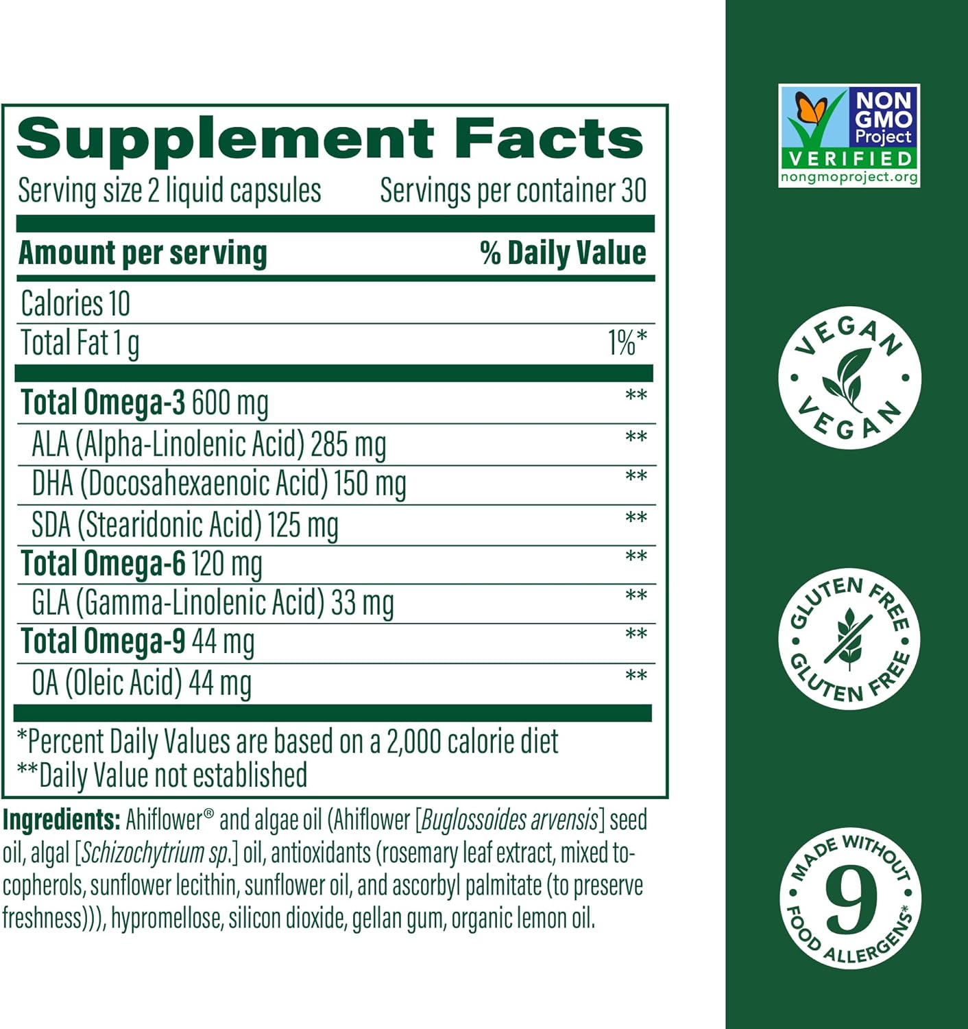 Plant-Based Omega 3 6 9 Supplement - 600mg Omega-3 & 150mg DHA - Heart, Brain, Vision, Joint Support - Vegan Capsules - 60 Count
