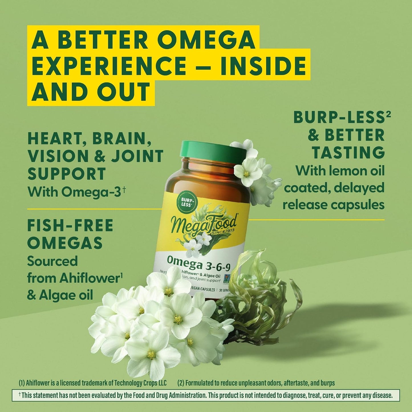 Plant-Based Omega 3 6 9 Supplement - 600mg Omega-3 & 150mg DHA - Heart, Brain, Vision, Joint Support - Vegan Capsules - 60 Count